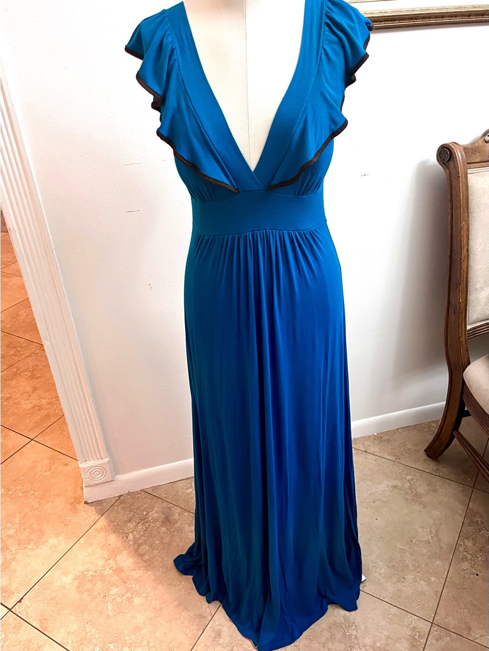 Discovery Teal Blue Deep V Ruffle Sleeve Maxi Dress